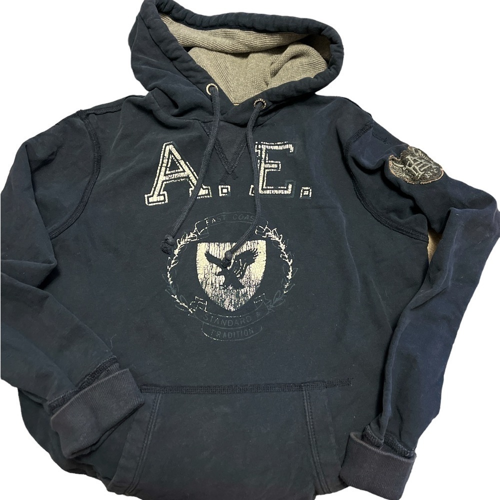 American eagle navy blue sweatshirt with thermal lined hood, kangaroo pocket, XS
